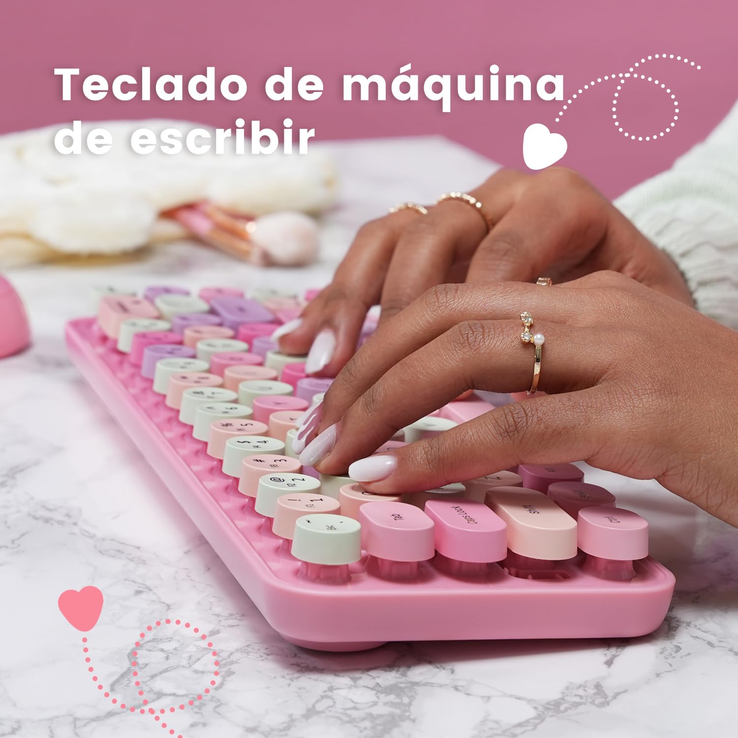 Perixx PERIDUO-802PK ES Set de Ratón y Teclado Inalámbrico Bluetooth Mini - Estilo Retro con Teclas Redondas - Rosa Pastel - Español QWERTY