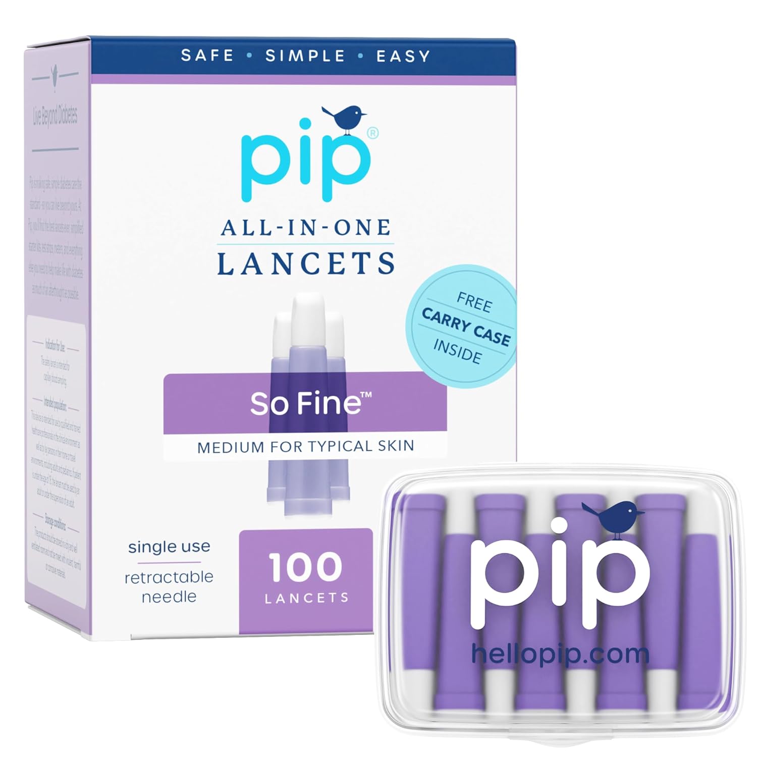 Pip Lancets | All-in-One 30G-1.6mm Safety Lancets | Sensitive Fingerstick for Blood Sugar Monitors (100 Count (Pack of 1))