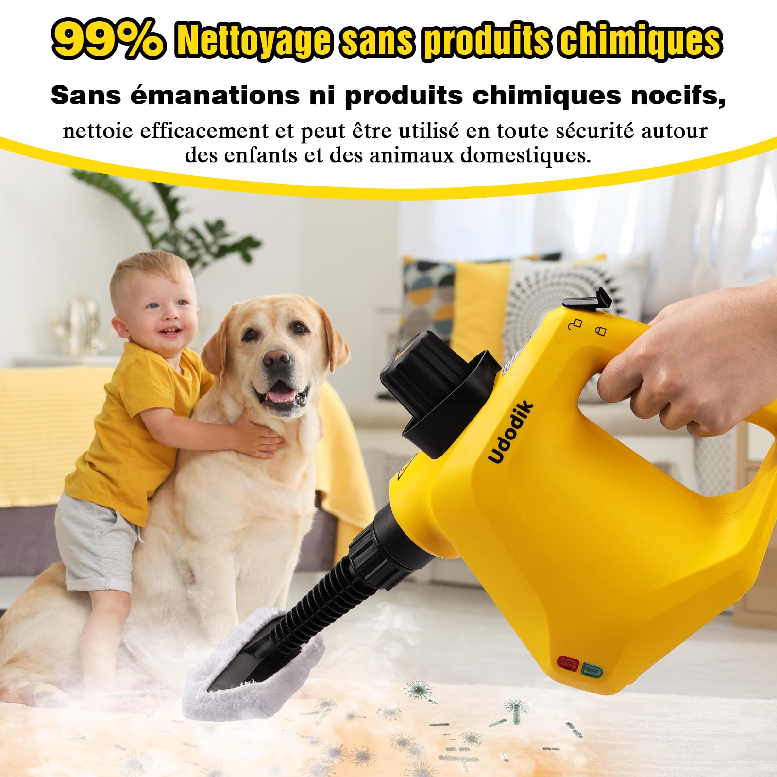 Nettoyeur vapeur portable pour la maison, multi-usages avec 10 accessoires pour tapis, rideaux, canapés, cuisine, punaises, salle de bain et plus encore (yellow)