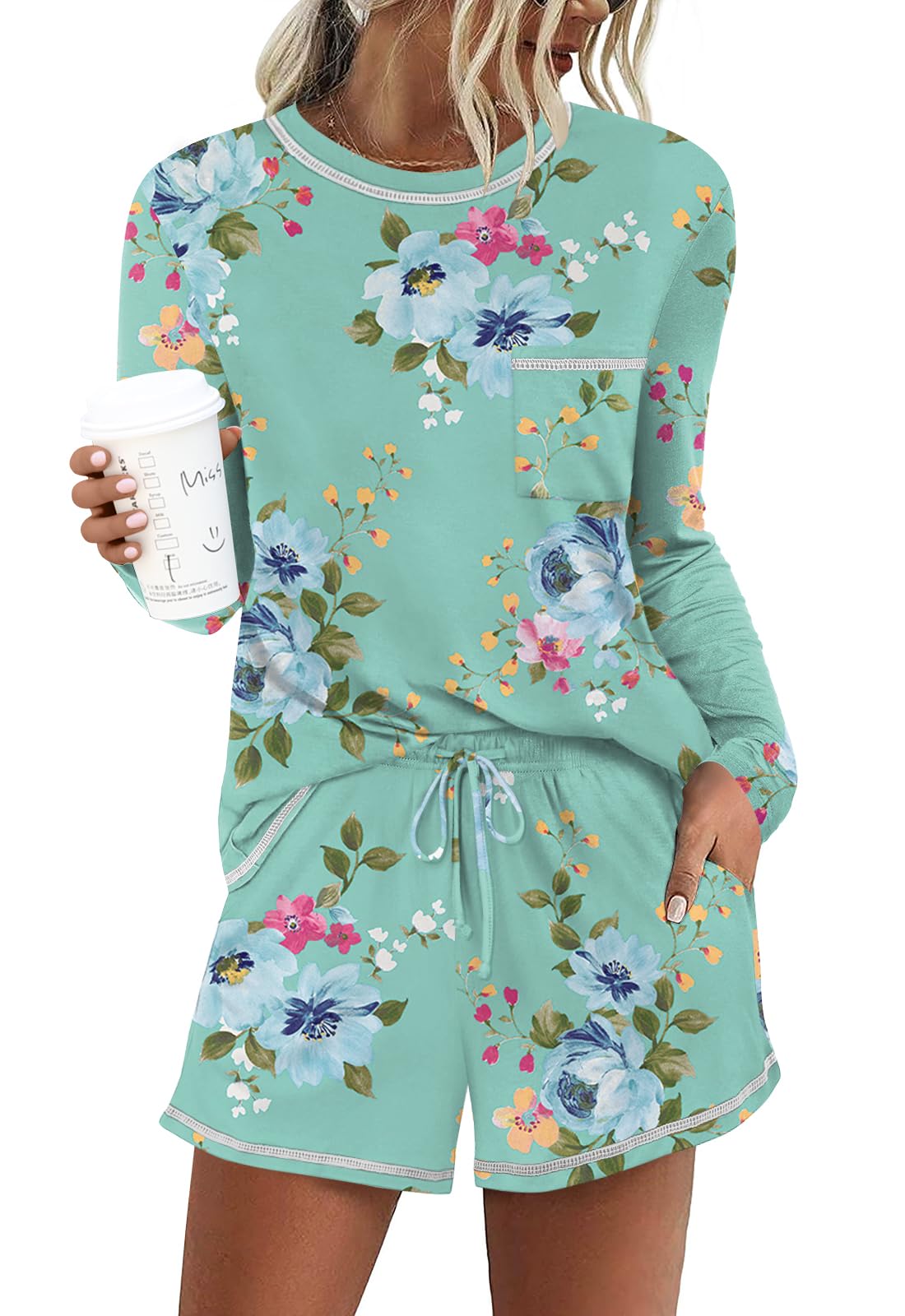 DouBCQ Women's Pajama Sets 2 Piece Long Sleeve Top and Shorts Crewneck Lounge Wear Soft Pjs with Pockets