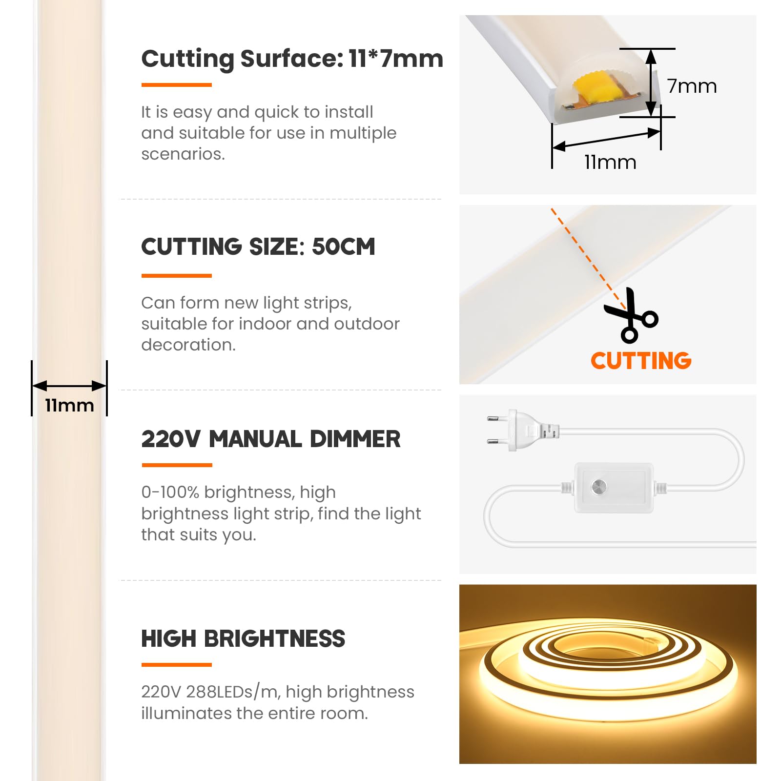 Tira de LED COB Regulable, 220V 288LEDs/M Super Cinta LED de Neón, Cinta luminosa Flexible FCOB LED Tira de Luz para Navidad,Vacaciones,Decoración de Interiores e Iluminación(Blanco Cálido,20M)