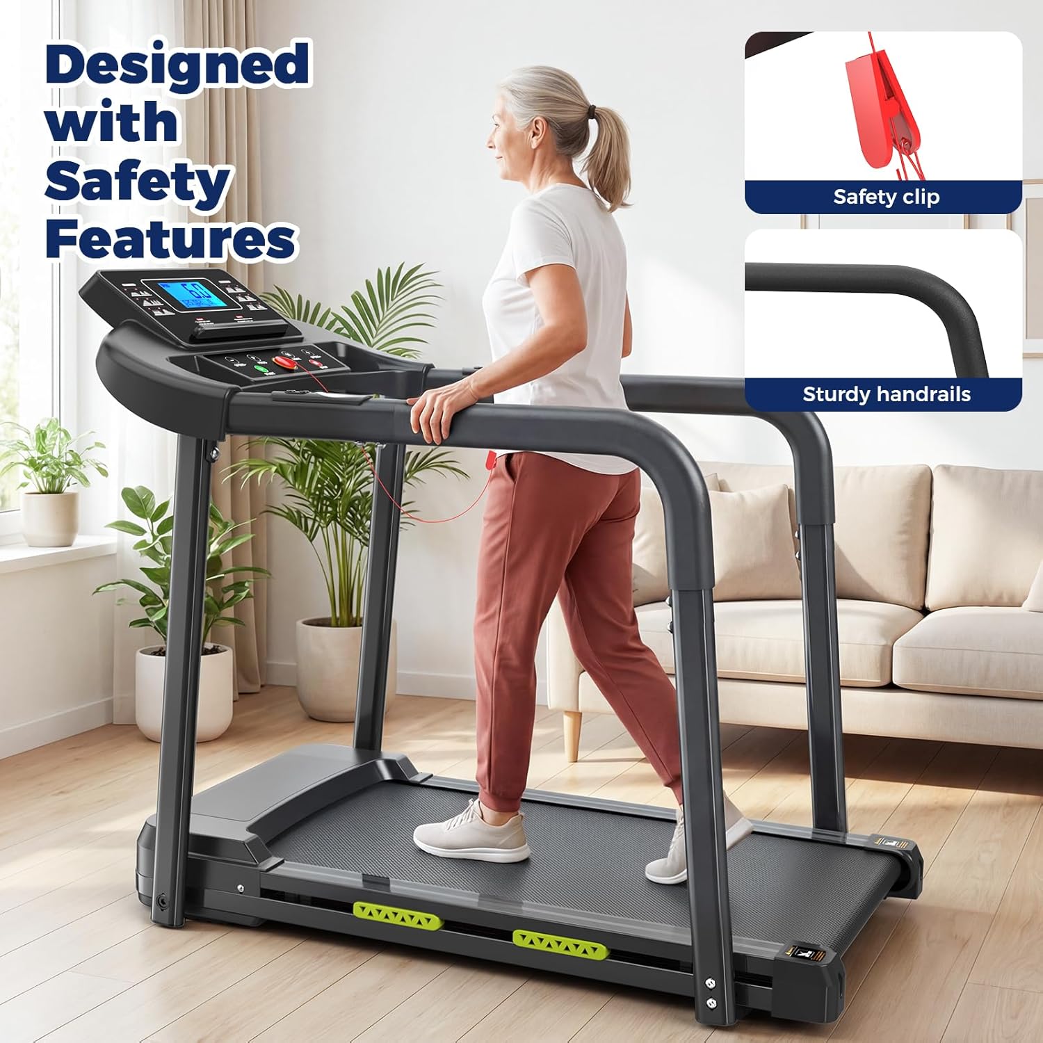 Treadmill for Senior for Home, Walking Running Treadmill for Elderly, with Long Handrails, Heart Rate Monitor, Wide Running Belt, 2.5 HP, 300 LBS Capacity, PAD Stand & Cup Holder