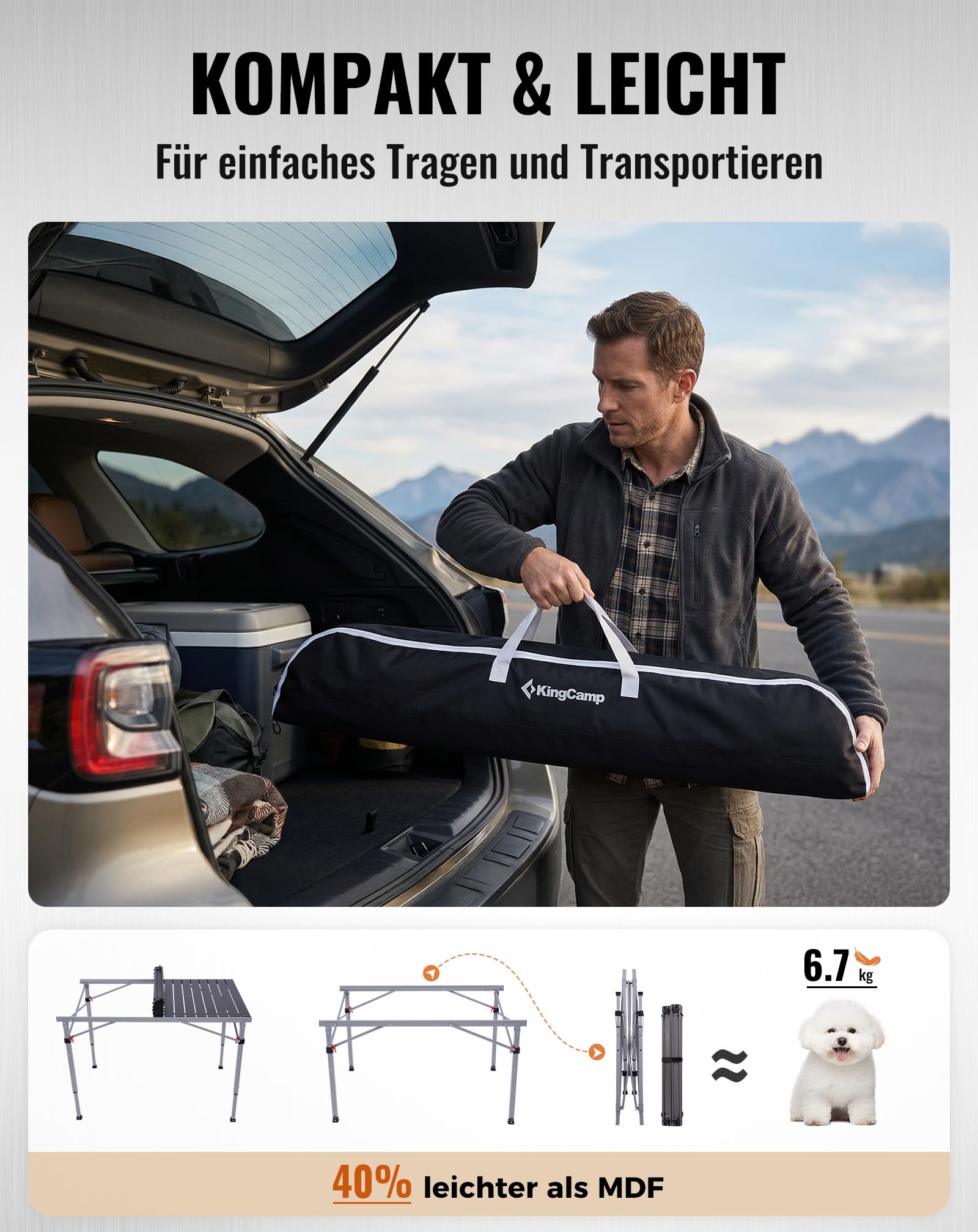KingCamp Campingtisch Klappbar, bis 120 kg,60/70/80cm Höhenverstellbar | Aluminium Roll-Up Tischplatte,Schneller Auf- und Abbau,Kompakt, Robust,Langlebig,Leicht,für Outdoor,Picknick,107x70cm
