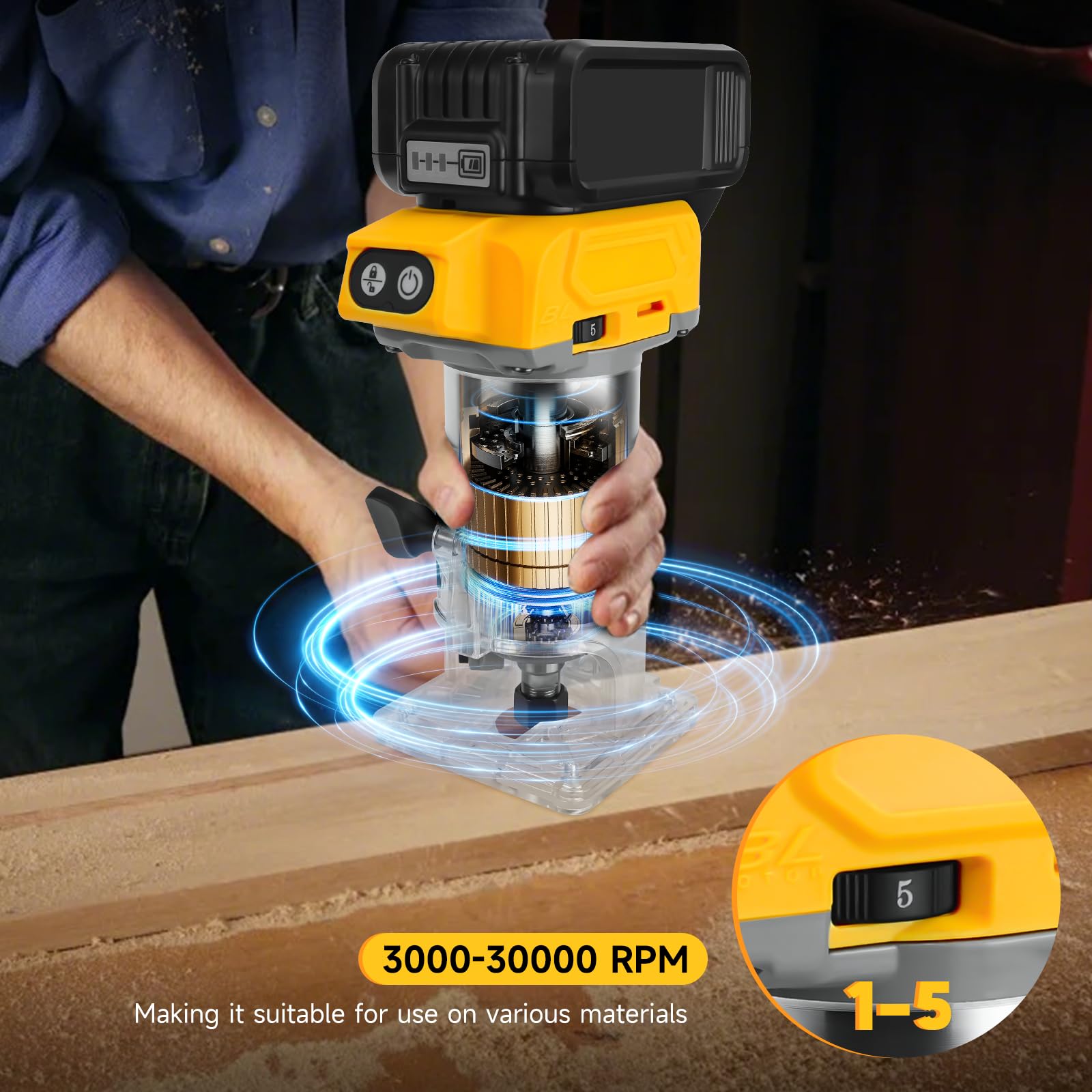 Akumulatorowa frezarka górnowrzecionowa do baterii Dewalt 20 V, 30 000 obr./min, elektryczny ręczny router palmowy z 5 sztukami 1/4", bezszczotkowy trymer nadaje się do obróbki drewna, szczelinowy