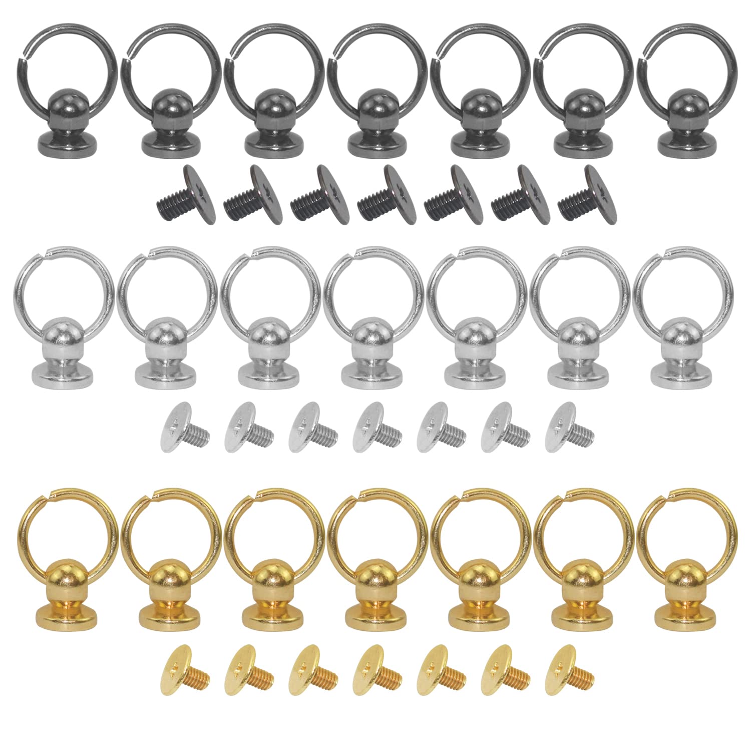 Rivets for Leather 21 Sets Screwback Round Head Rivet with Pull Ring Zinc Alloy O-Ring Button Stud Rivets for Handbag Phone Case Leather Craft (Silver, Gun Back, Gold)