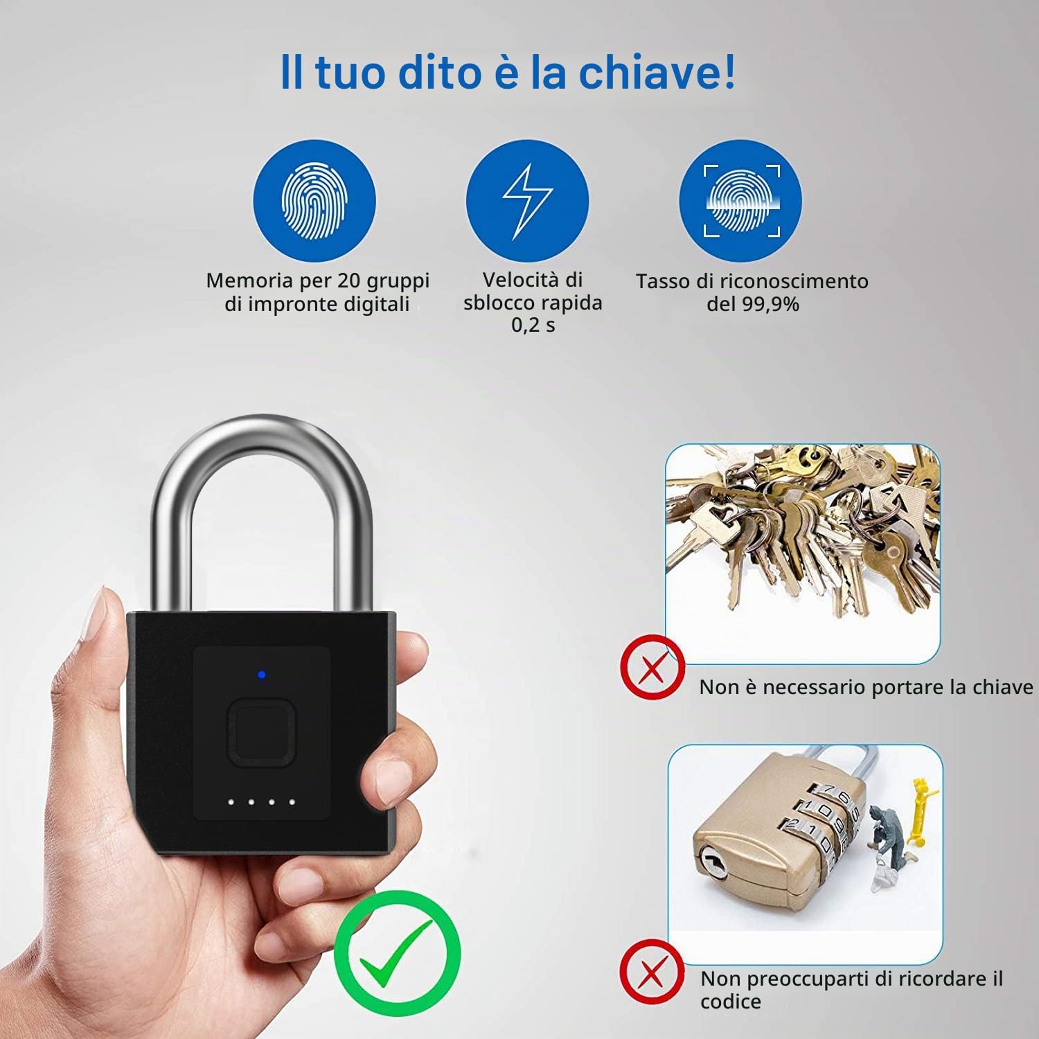 eLinkSmart Lucchetto con cuscinetto apribile tramite impronte digitali o app, Keyless Big Lucchetto pesante, per sbloccare il set di dati, impermeabile, antifurto, indicatore di batteria, USB