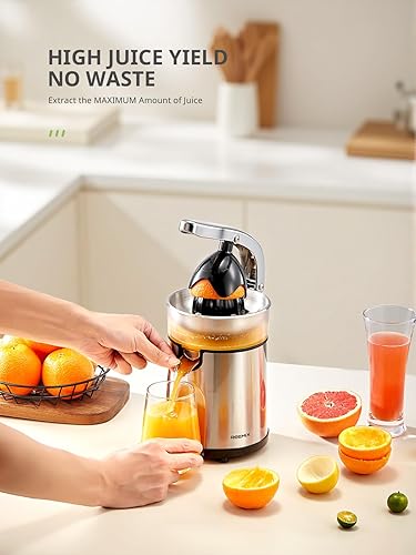 Miniatura 4 de Reemix Exprimidor eléctrico de cítricos exprimidor de naranja, limón, pomelo con cuerpo de acero inoxidable y colector de jugo transparente, fácil
