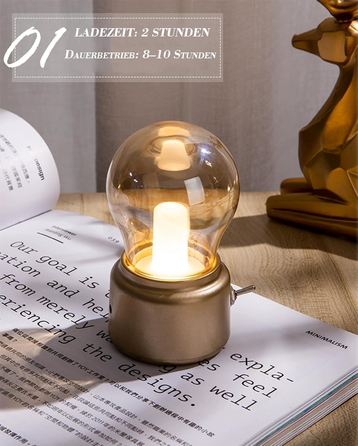 Esoes Mini LED Tischlampe, Vintage USB Glühbirne Kleine lampe kabellos, Nachtlicht Retro mit Kabelschalter Beleuchtung