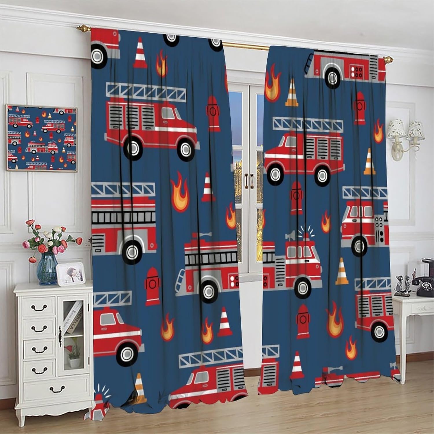 Cartoon Car Town Blackout Curtains, Fire Truck Truck Children's Themed Blackout Rod Pocket Window Treatments for Boy Girls Baby Living Room Bedroom 21(W)*54(L) 2 Panels