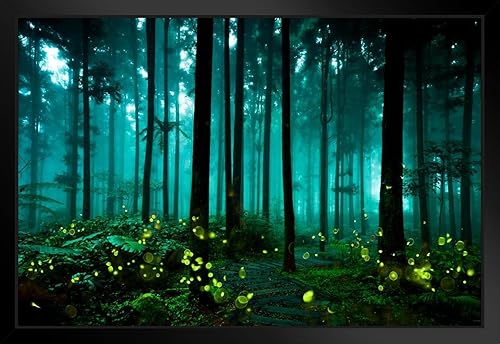 Póster de paisaje nocturno de bosque de verano con luciérnagas, arte de pared de insectos, póster brillante de bosque, póster estético de insectos,