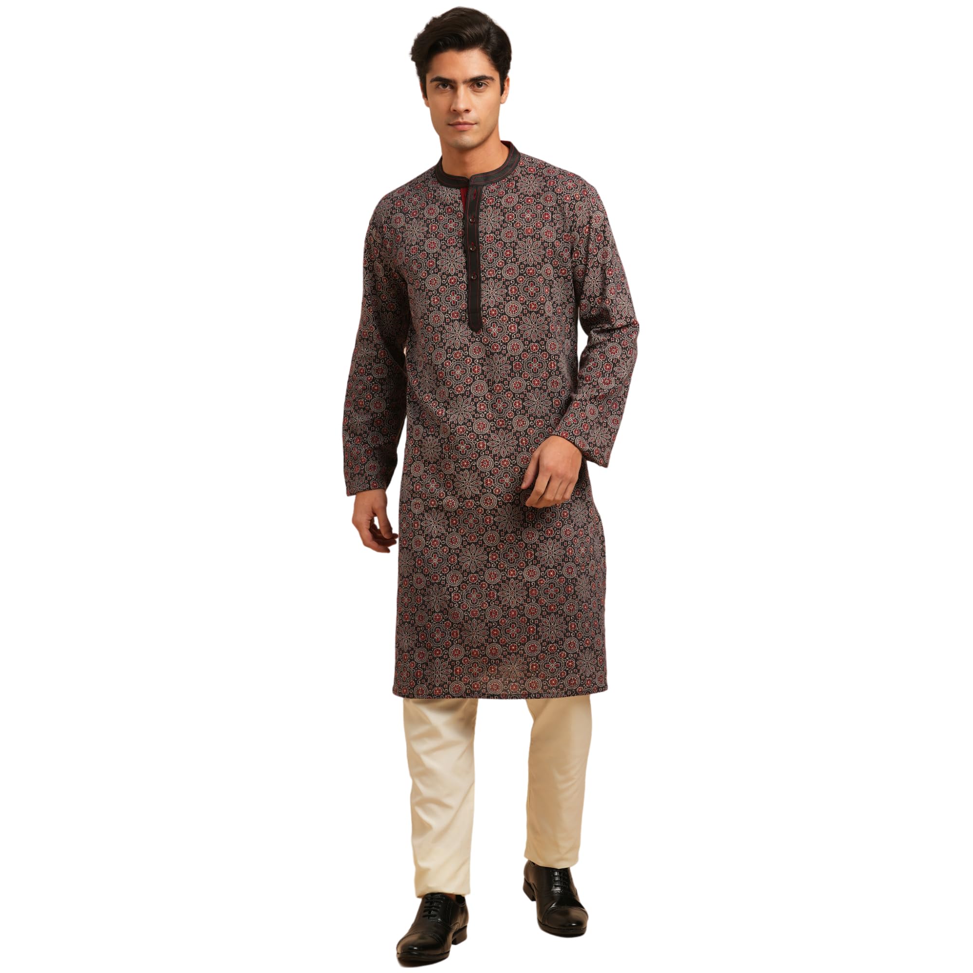 Men’s Multicolor Cotton Full Sleeve Katha Weave Long Kurta | Printed Regular Fit | Mandarin Collar & Button Closure | Knee Length-image-20