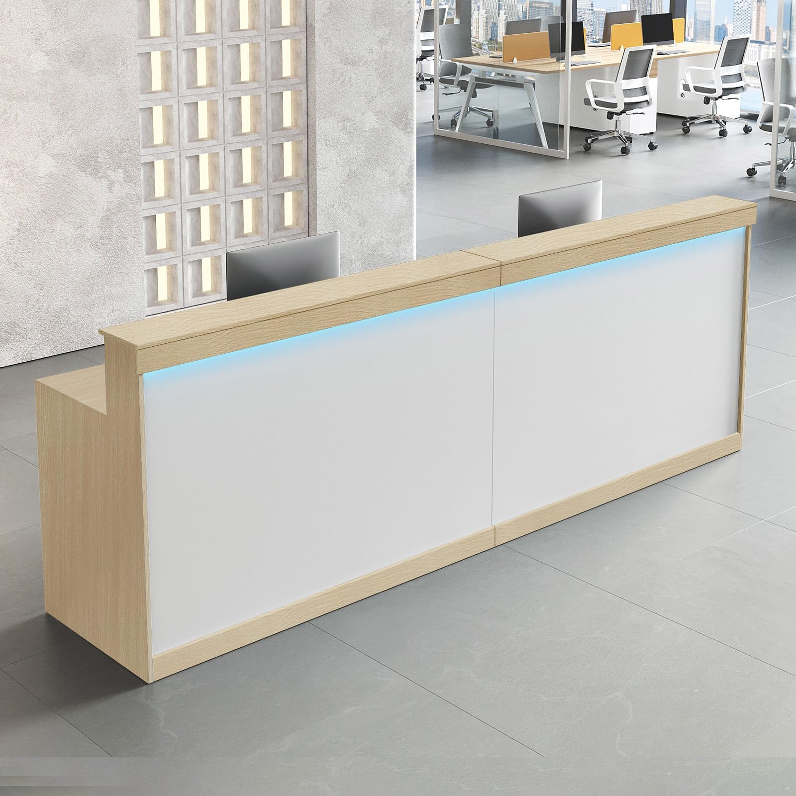 - 71" Reception Desk with LED Lights & Keyboard Tray, Front Desk Reception Counter with Lockable Drawer, Storage Cabinet & Cable Grommet for Office, Salon, Lobby, Checkout (Maple & White)