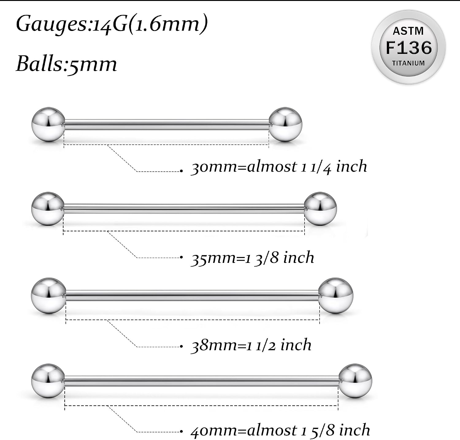 Ruifan Titanium Industrial Barbell 14G 16G Straight Barbell Rings For Nipple Tongue Cartilage Industrial Internally Threaded Hypoallergenic Body Piercing Jewelry For Women Men 30MM 35MM 38MM 40MM