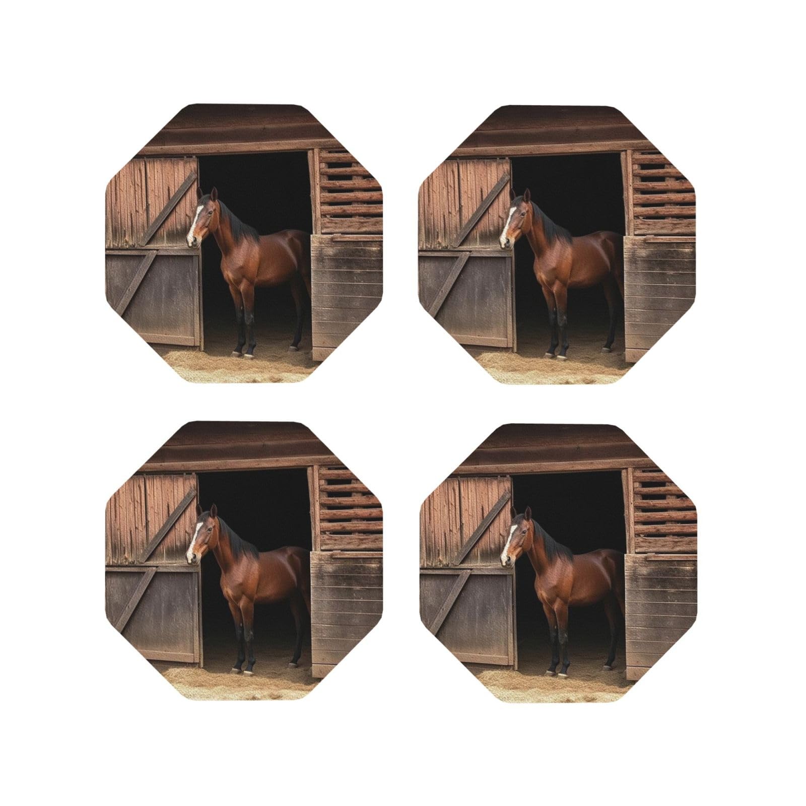 4Pcs PU Leather Coaster for Drinks, Barn Horse Cup Coastersr 4" Cup Mat Pad, Aesthetic Drink Coasters for Coffee Table, Octagon Coaster for Tabletop Protection