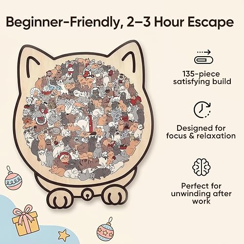Miniatura 5 de Rompecabezas de madera con forma de gato para adultos, rompecabezas en forma de gato de 135 piezas de color Morandi, lindo para amantes de los