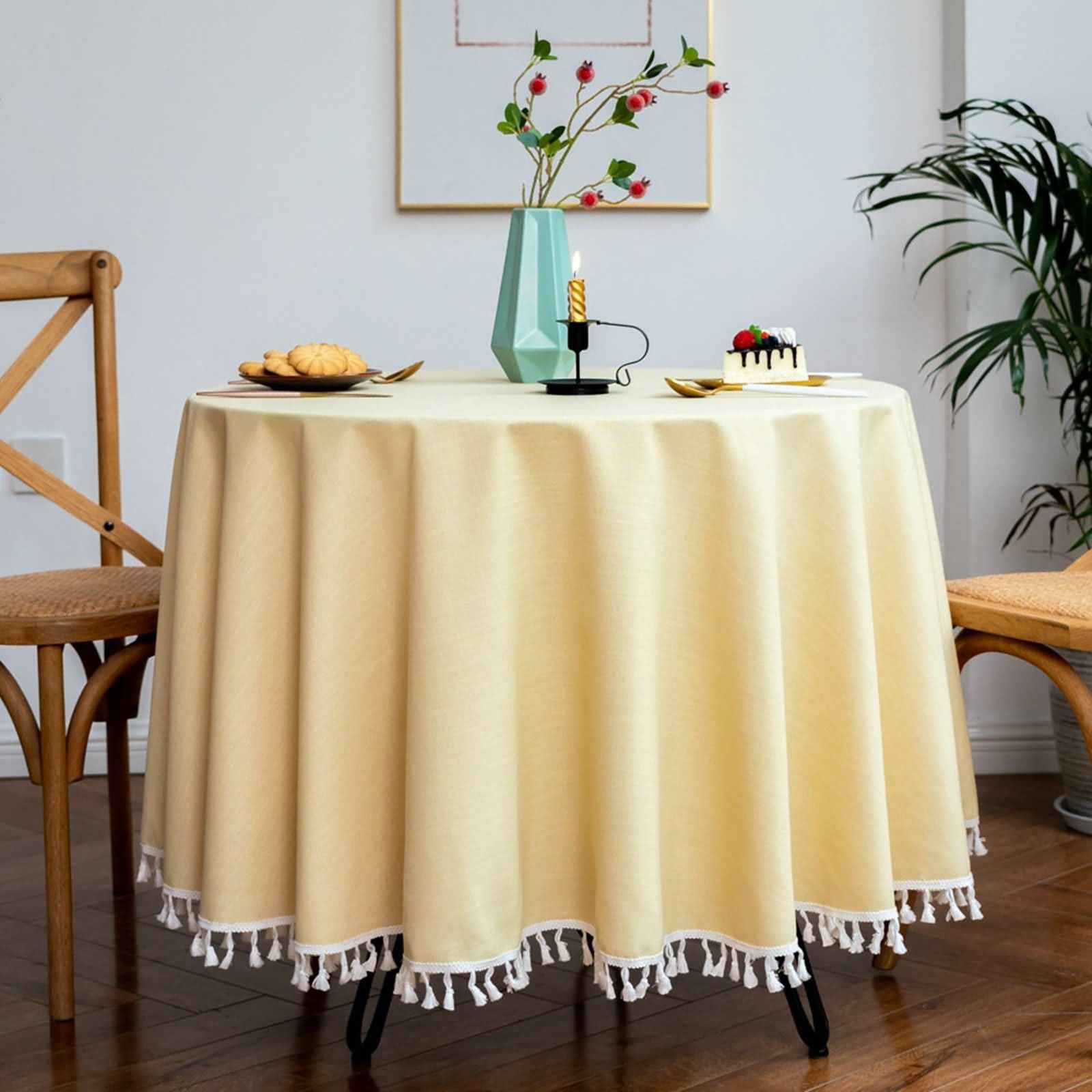Gelb Tischdecke Rund 160 cm, Leinen Baumwolle Einfarbig mit Quaste, Tischdecke Modern Wohnzimmer