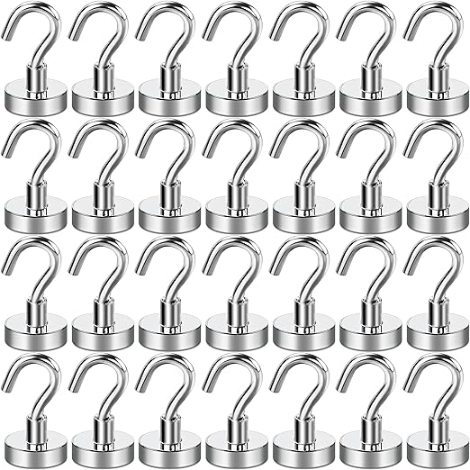 E BAVITE Magnetic Hooks, 30Lbs Magnetic Cruise Hooks Neodymium Magnets with Hooks for Refrigerator, Grill, Towel, Indoor Hanging, Home, Kitchen, Workplace, Office and Garage - 28 Pack, Silvery