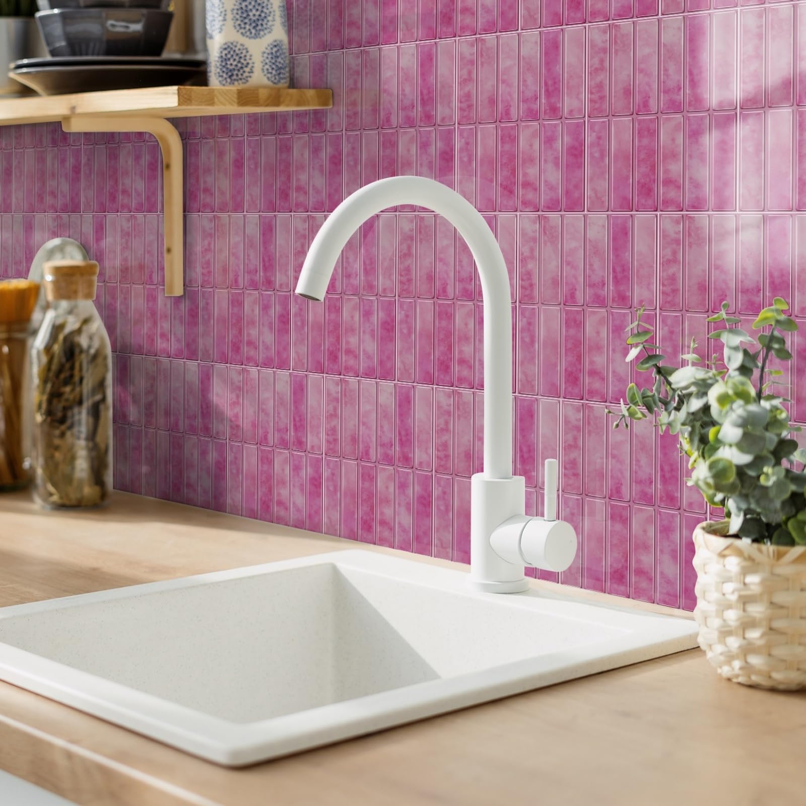 Self Adhesive Wall Tiles Pastel Pink Stick on Thicker Peel and Backsplash for Kitchen Bathroom Tile Stickers