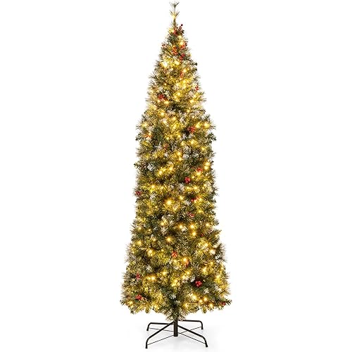 GOFLAME 7 FT Pre-Lit Pencil Christmas Tree, Hinged Artificial Xmas Tree with Pine Needles, 818 Branch Tips, 350 LED Lights & 46 Clusters of Red Berries, Holiday Decoration Tree with Silver Powder