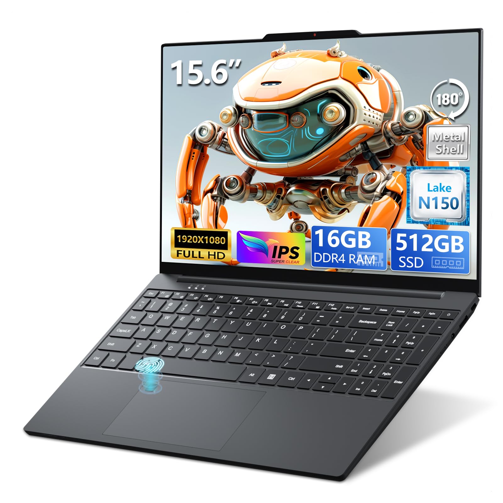 15.6 Pulgadas Ordenador Portátil Twin Lake-N150, Metal PC Portatil 16GB DDR4 RAM 512GB SSD, Laptop con Pantalla Ultra Estrecha FHD IPS, Teclado Retroiluminado, USB 3.0, Mini HDMI Computadora portátil