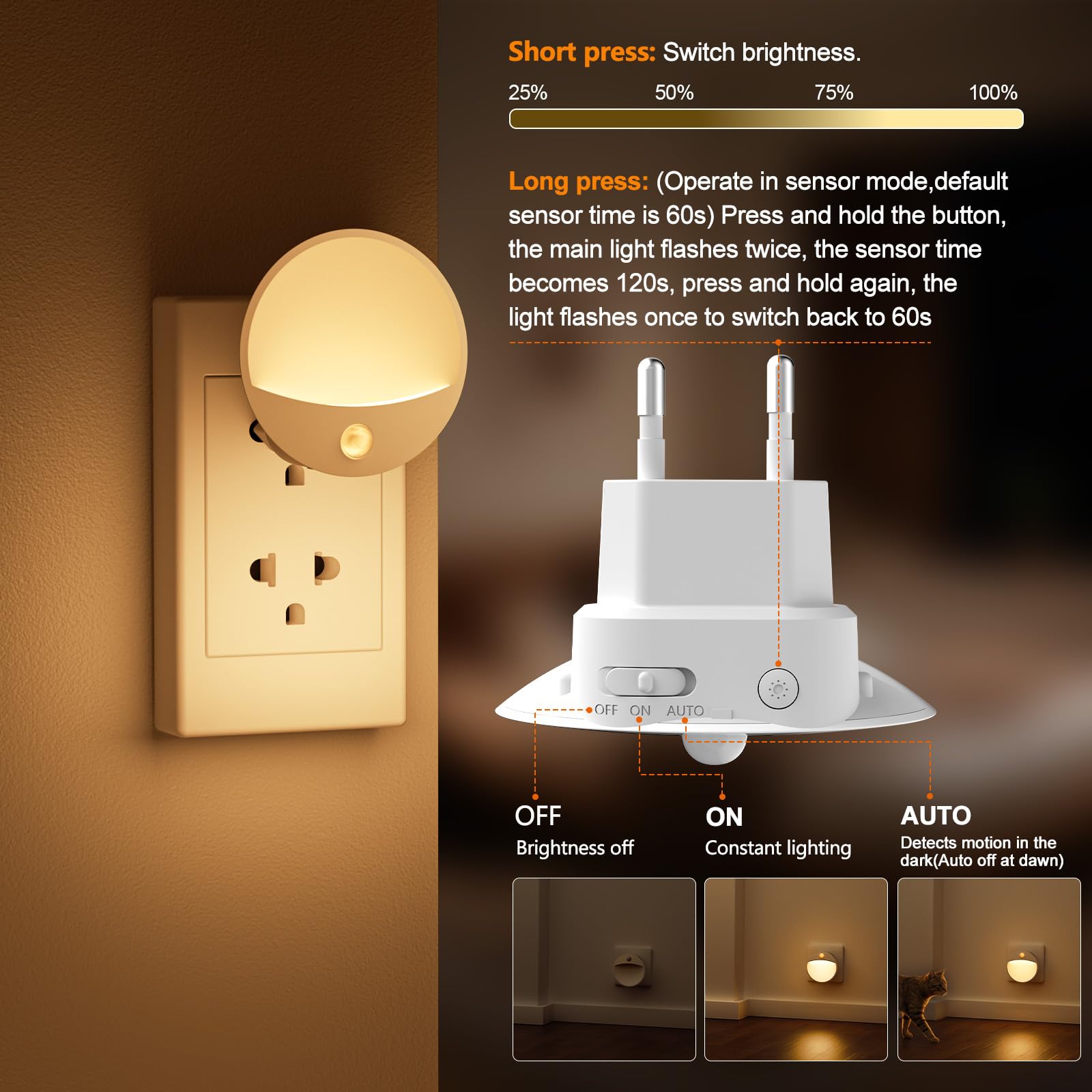 Luz Nocturna Luz con Sensor de Movimiento y Crepuscular, LED Enchufable, Brillo Regulable - 2 Unidades, Ideal para Dormitorio, Habitación Infantil, Bebé, Baño, Pasillo y Escaleras