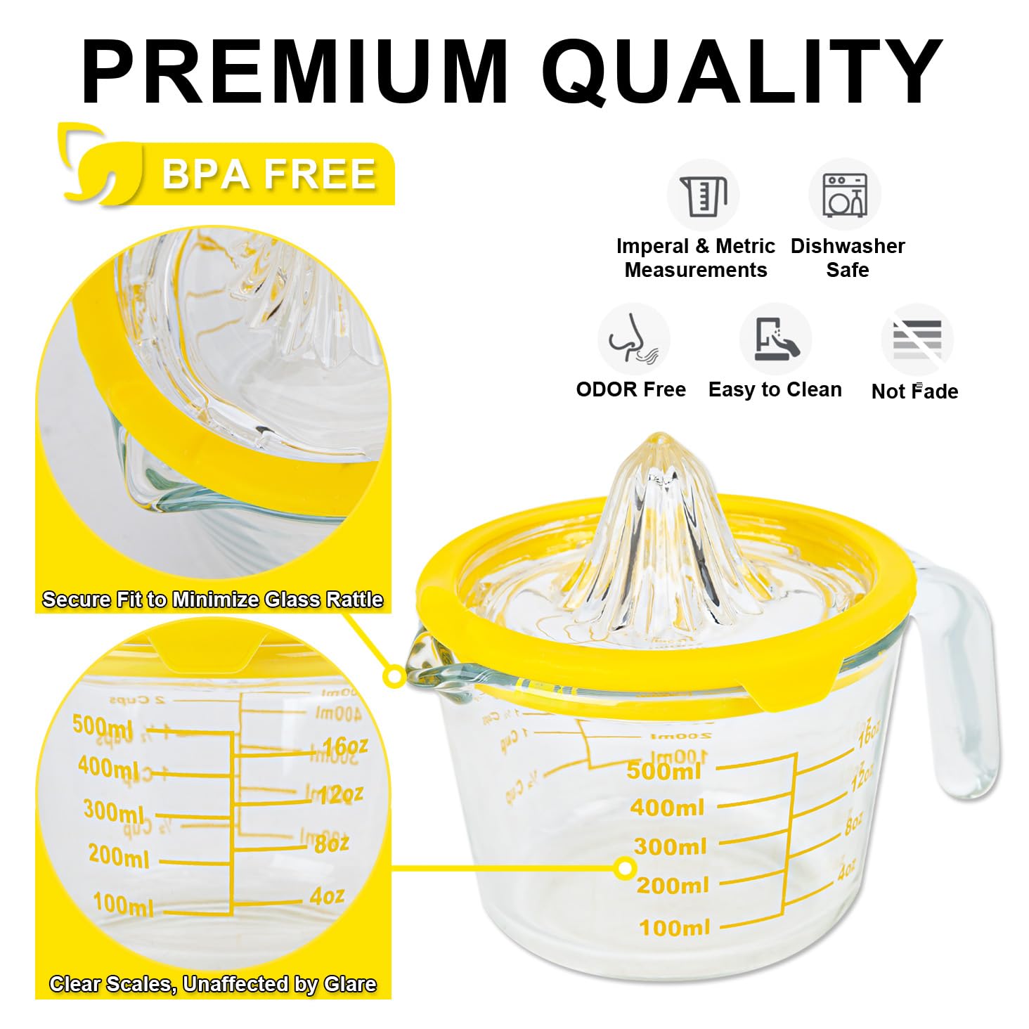 Cartman Spremiagrumi per limoni e arance, spremiagrumi manuale giallo, alesatore per agrumi in vetro, spremiagrumi manuale, strumento da cucina, tazza di misurazione per oncia