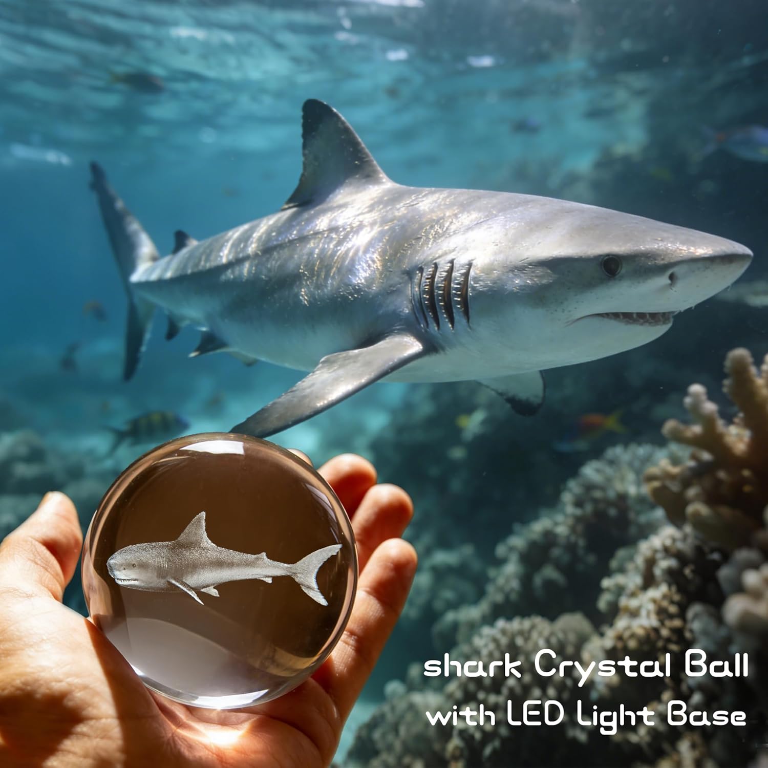 3D Crystal Ball Shark Night Light with Variable-Color Light Base, Glass Ball for Home and Office Decoration, Popular Gift for Holidays and Birthdays (3.14 inches)