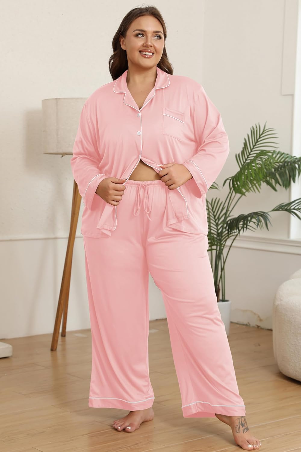 Vozanet Women's Plus Size Pajama Set Button Down Long Sleeve and Pants Lounge Sets with Drawstring and Pockets Sleepwear - Image 2