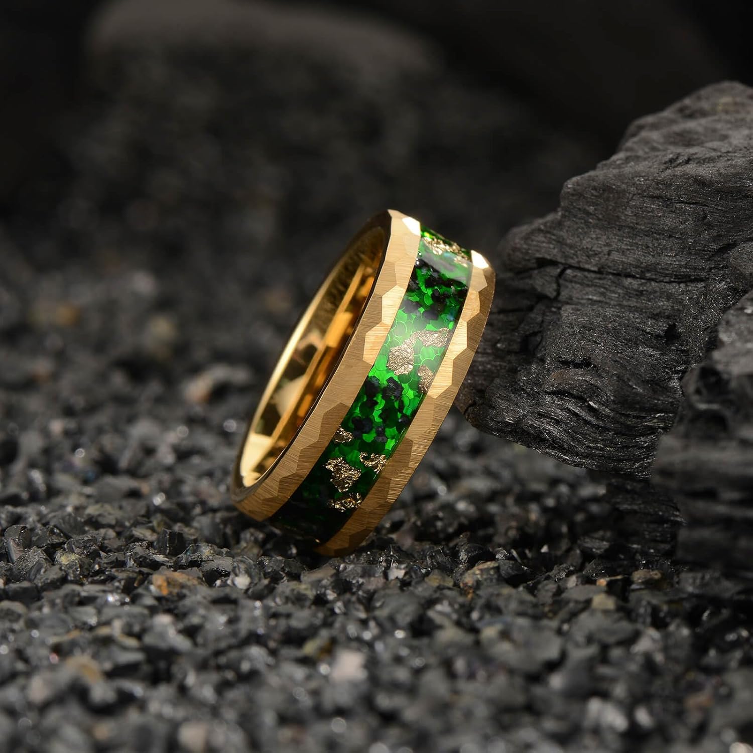 8mm Men's Tungsten Carbide Ring Gold/Black Hammered Meteorite Shavings Gold Foil Inlay Galaxy Nebula Green Opal Engagement Wedding Ring Matte Finish Comfortable Fit - Image 2