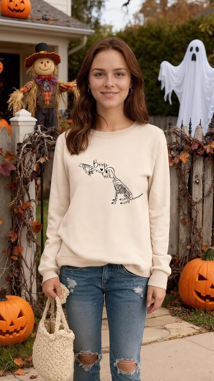 Cute Skeleton Dog Sweatshirt Women Funny Skull Graphic Halloween Thrilling Crewneck Casual Long Sleeve Pullover
