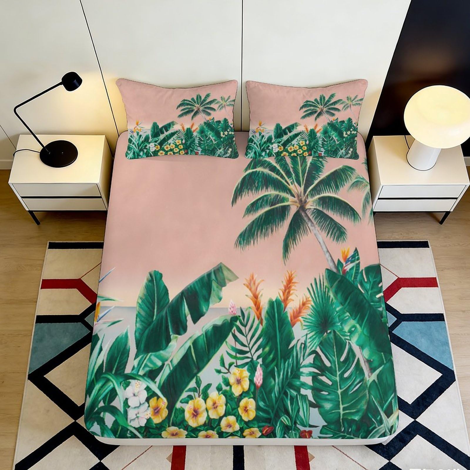 3D Printed Tropical Palm Fitted Sheet Microfiber Soft Botanical Flowers Bed Cover for Bedroom Guest Room Decor 90x200x25cm