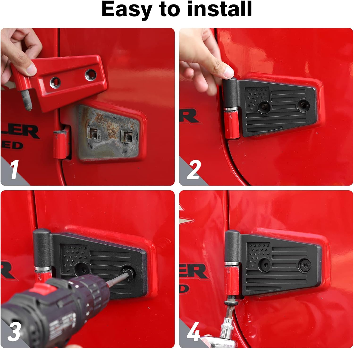 JeCar Door Hinge Kits American Flag Door Hinge Exterior Accessories Compatible with Jeep Wrangler JK & Unlimited Sports Sahara Rubicon 2007-2018, Aluminum Alloy, 8PCS