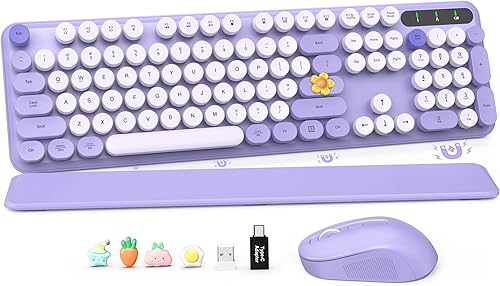 Combo de teclado y mouse inalámbricos, teclado de máquina de escribir retro, reposamuñecas duro desmontable, patas inclinables, teclas redondas