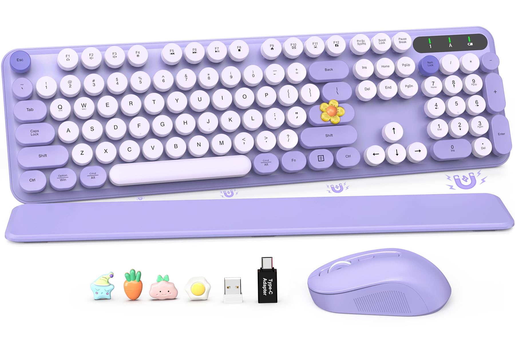 Wireless Keyboard and Mouse Combo, Retro Typewriter Keyboard, Detachable Hard Wrist Rest, Tilt Legs, Floating Round Keycaps, Auto Sleep Mode, Cute 2.4GHz Cordless Set for Mac/Windows/PC/Laptop-Purple
