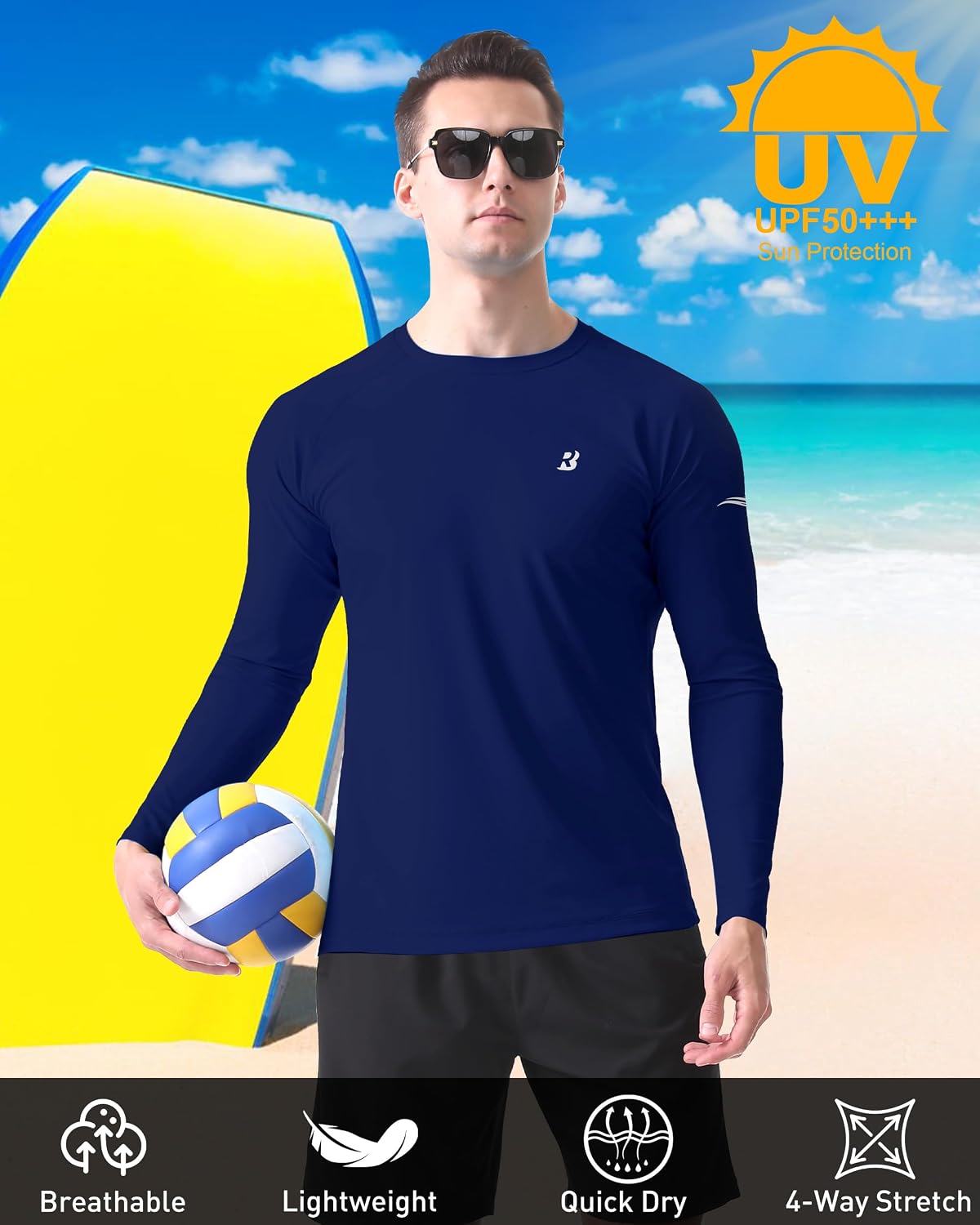 Roadbox Mens UPF 50+ Swim Shirt, Long Sleeve Sun Protection Rash Guard, Slim Fit Fishing Shirts for Beach Surfing Hiking