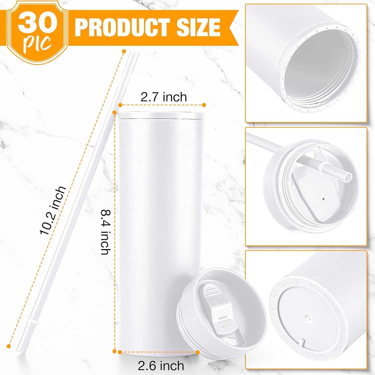 30 Pcs Skinny Tumbler with Lid and Straw, 16 oz Matte Acrylic Tumbler Insulated Double Wall Plastic Reusable Cups Vinyl Customized DIY Gifts for Parties, Birthday, Home, Office (White) - Image 2