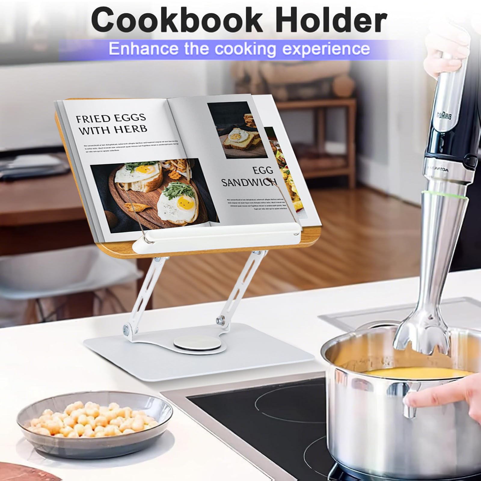 Buchständer Verstellbarer, Holz Buchhalter Leseständer zum Lesen mit 360° Drehbarer Basis, Kochbuchständer, Rezeptbuchhalter mit elastischen Seitenklammern für Musikpartituren Rezepte Tablet Laptop