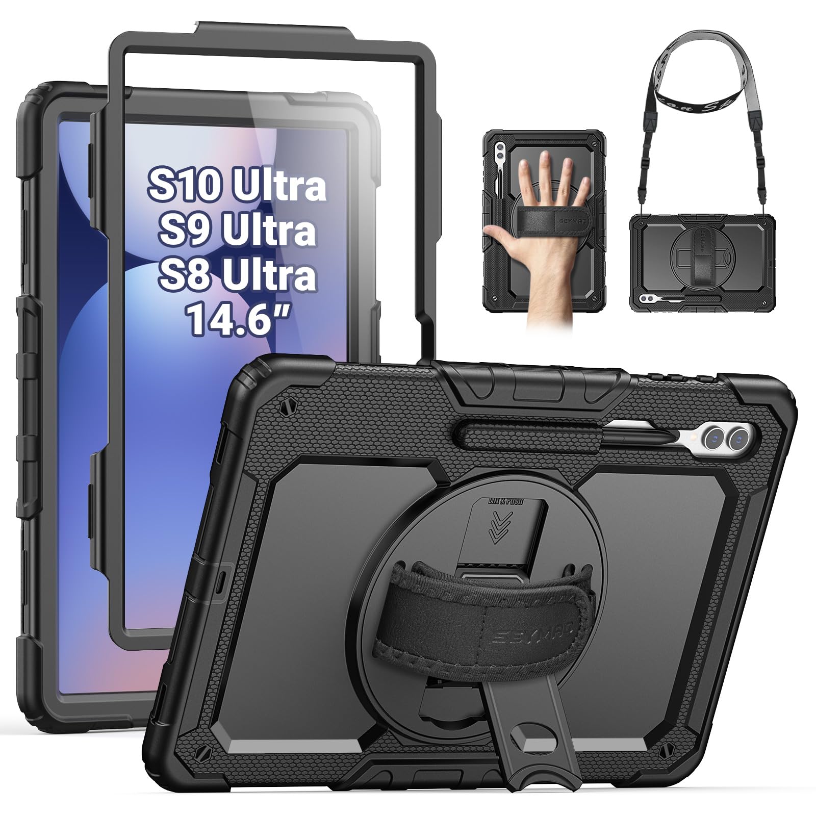 SEYMAC for Samsung Galaxy Tab S10 Ultra 2024/ S9 Ultra/ S8 Ultra Case 14.6 Inch, Heavy Duty Shockproof Protective Case with Screen Protector, Stand,