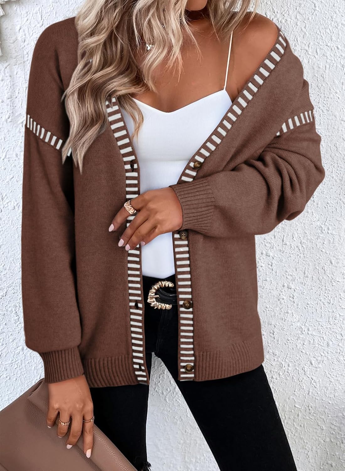 Dokotoo Womens Oversized Cardigan Sweaters Casual Coats Long Sleeve Button Front Stripes Trim Fall Outfits - Image 5