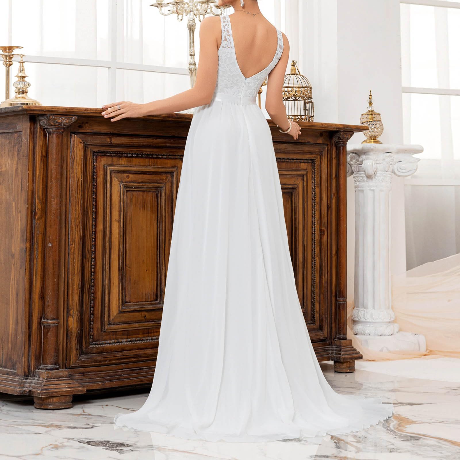 Masrin Robe de mariée blanche pour femme - Robe de mariée pour la photographie - Broderie florale - Robe en mousseline de soie - Col en V - Sans manches - Robe de soirée pour mariage - Robe de remise
