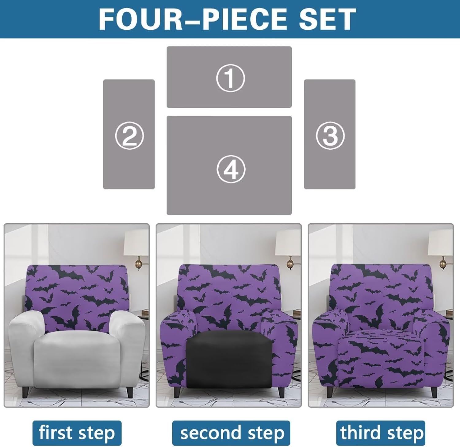 Recliner Covers Washable Stretchy Sofa Couch Slipcover Furniture Protector with Pockets for Living Room Home Decor, Purple Halloween Bats