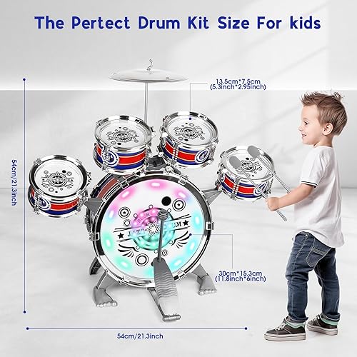 Miniatura 4 de M SANMERSEN Kit de batería para niños pequeños, juego de batería de jazz, 6 baterías con taburete, mini banda, juego de instrumentos musicales,