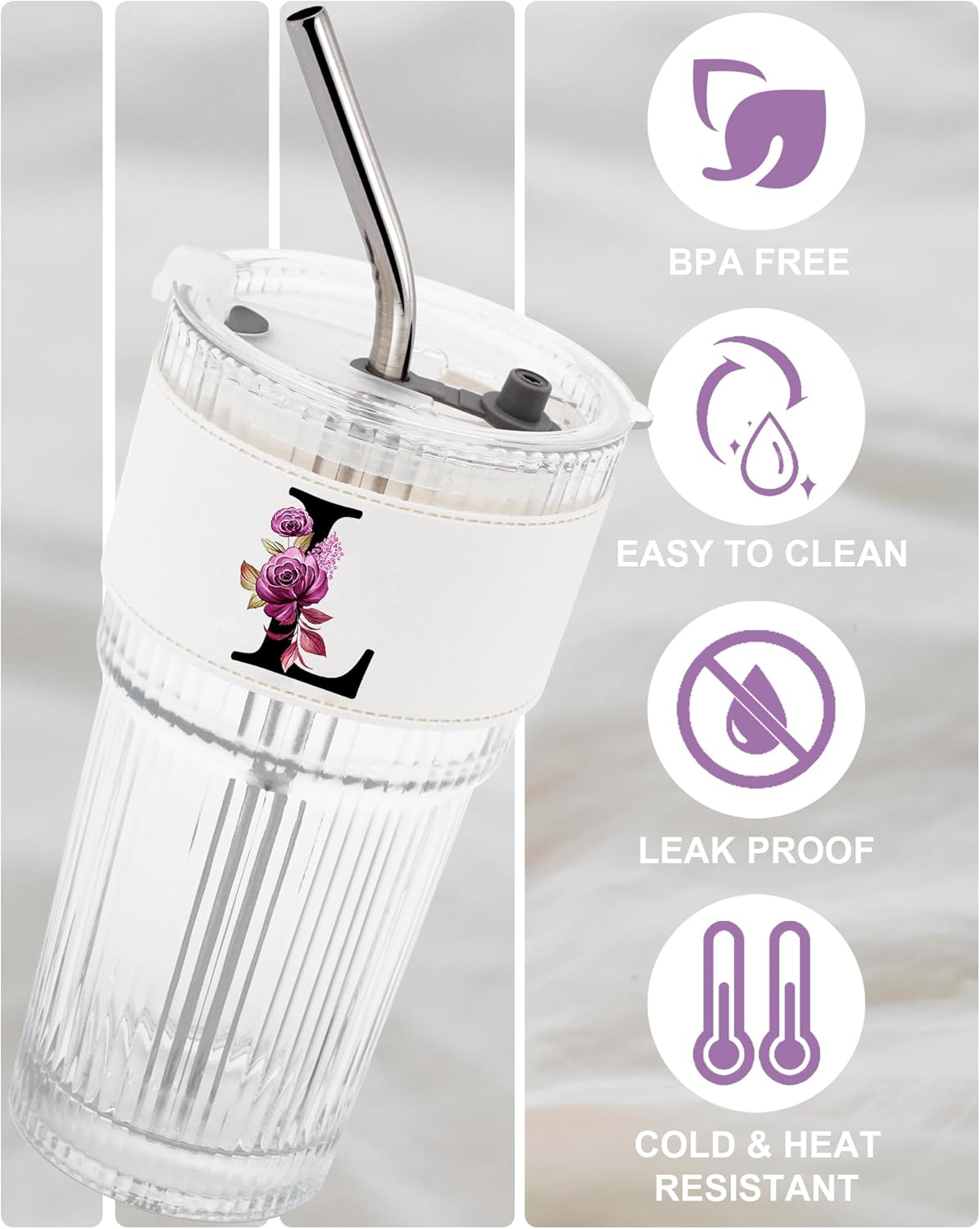 Letter Glass Cup with Lid Straw Ribbed Ice Tea Coffee Cute Stuff Brides Matcha Latte Clear Tumbler Wedding Her Day Bridal Shower Bachelorette Party Engaged Engagement Personalized Customized Gift L - Image 4