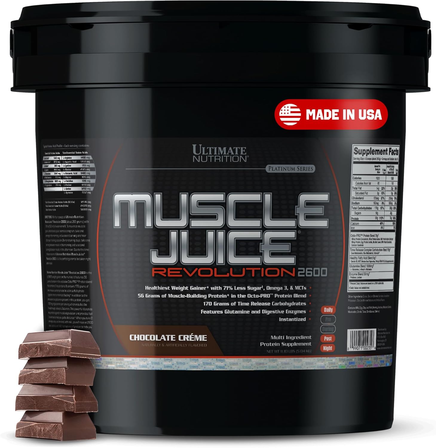 Ultimate Nutrition Muscle Juice 2600 Revolution, Weight Gain Drink Mix - Mass Gainer Workout Powder Supplement for Lean Muscle Growth & Recovery with 56g Protein Blend - Chocolate, 11.105lb