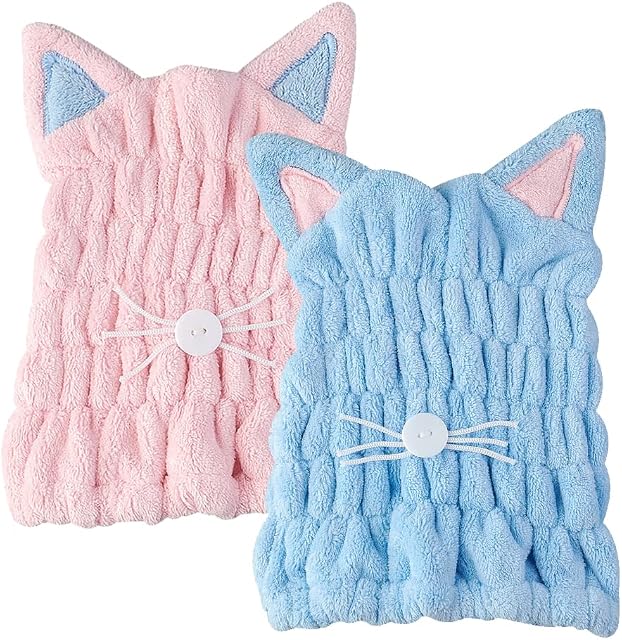 RUIYUNZHUZHU 2Pcs Dry Hair Hat Microfibre Rapid Drying Hair Towel Hat with Cute Cat Ears Super Absorbent Coral Fleece Hair Towel for Women Girl