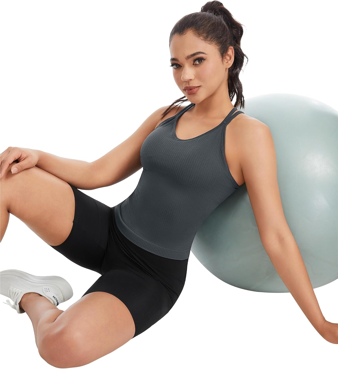 Seamless Ribbed Workout Tank for Women with Built in Bra, V Neck Spaghetti Strap Crisscross Back Yoga Top, Gym, Daily Wear
