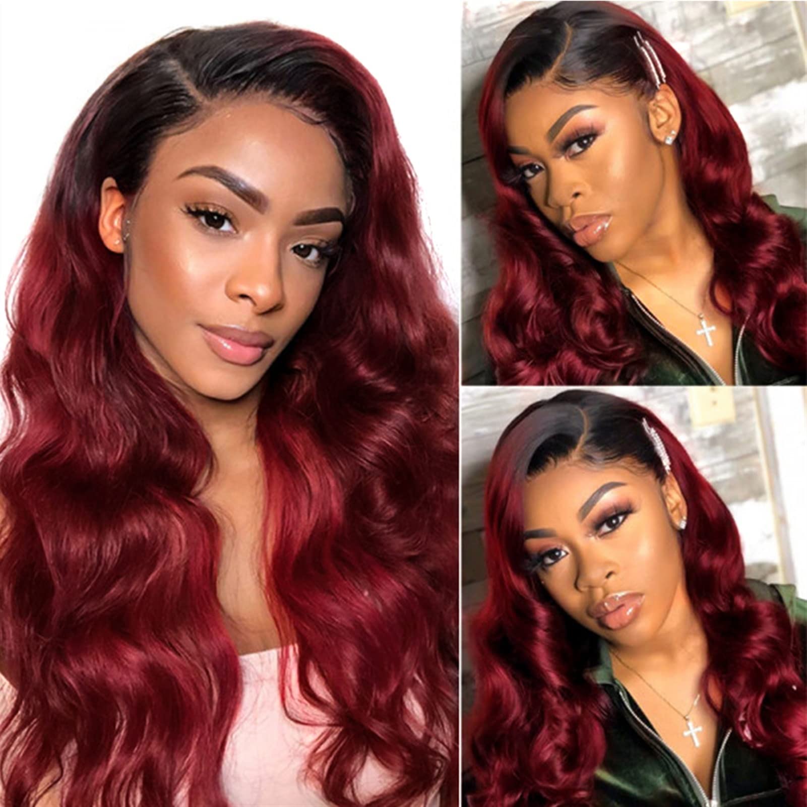 Hair Extensions Body Wave Ombre fasci di chiusura 1B/99J Two Tone Human Hair Weave Borgogna brasiliana Borgogna 3/4 fasci con chiusura di pizzo Remy Hair Weave Extensions Extension Capello Umano(28 28