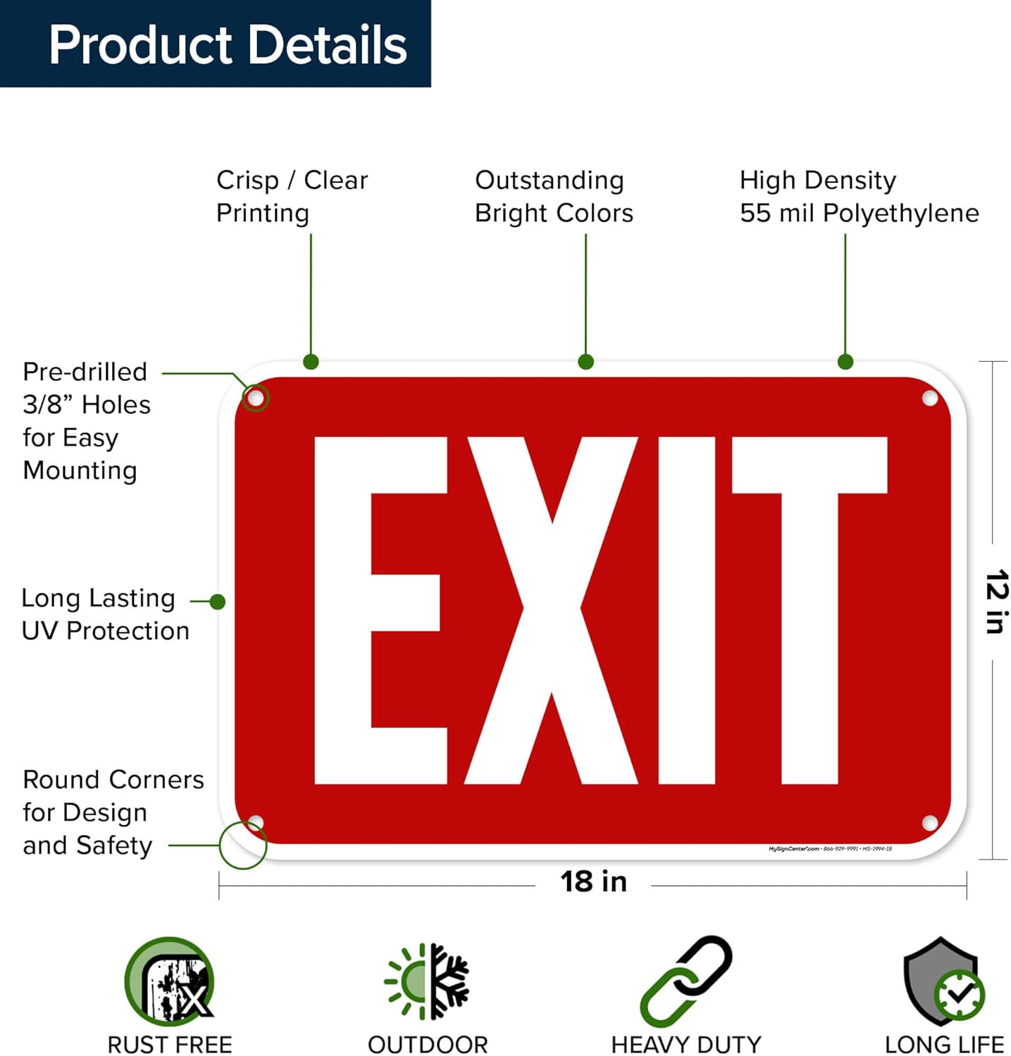 Exit Sign, (MS-1994) 12x18 Inches, 55 mil thick HDPE (high density polyethylene), Made in USA by My Sign Center