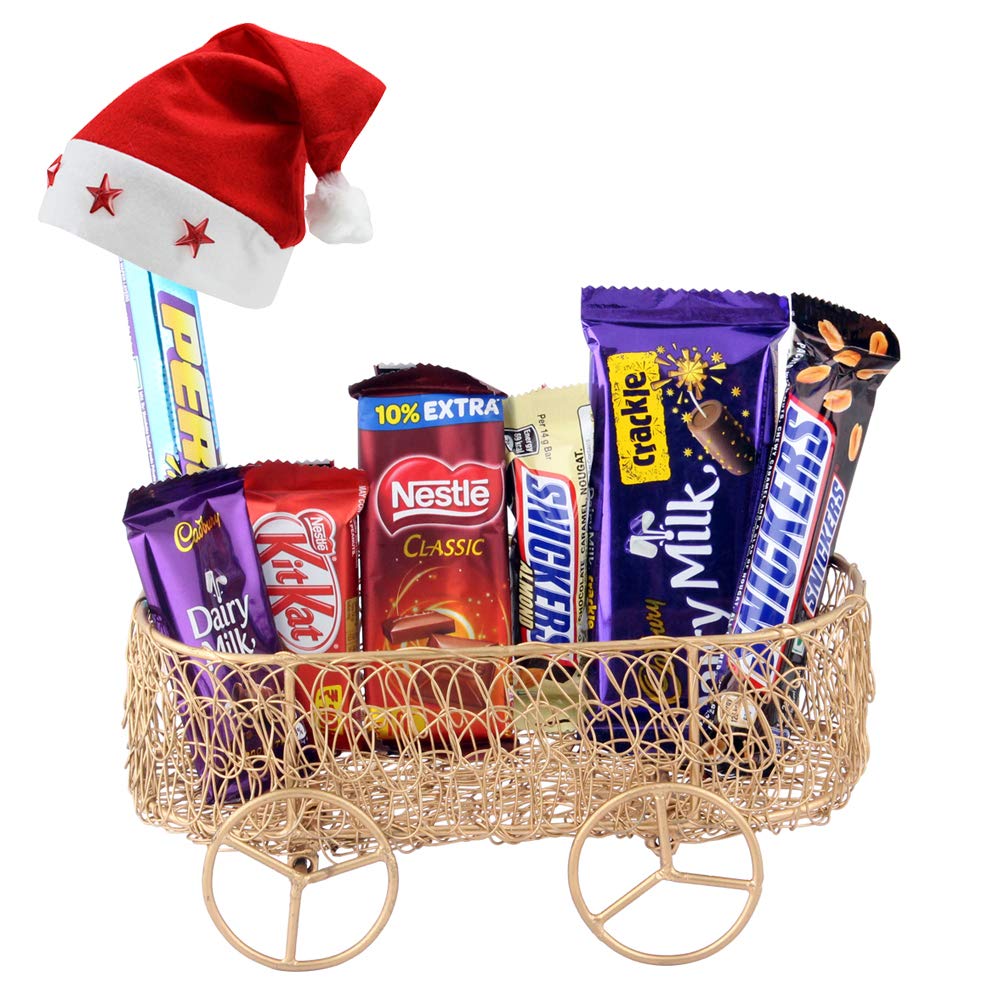 SFU E Com Handmade Wheel Basket With Creamy Chocolates Gift | Chirstmas Chocolate Gift Hamper | Christmas Cap With Chocolates | Christmas Chocolate Gift Combo | 707