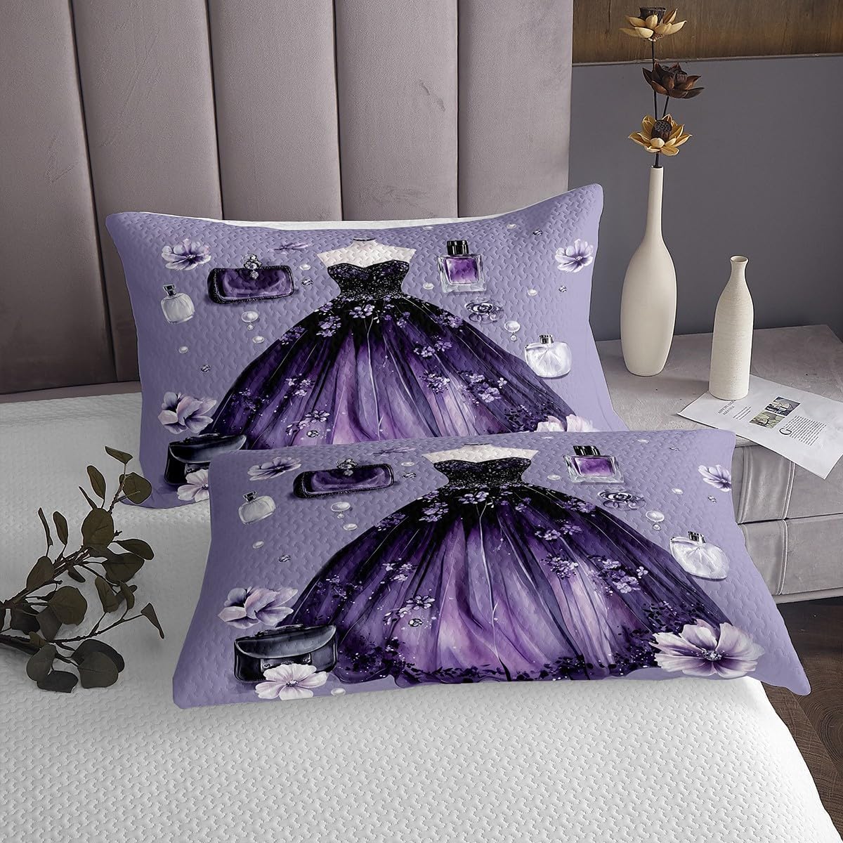 Erosebridal Purple Girly Dress Twin Size Bedspread Set Fashion Women Dress Coverlet Sets Romantic Makeup Themed Quilt Sets for Girls Teen Women,Violet Floral Coquette Perfume Bed Set
